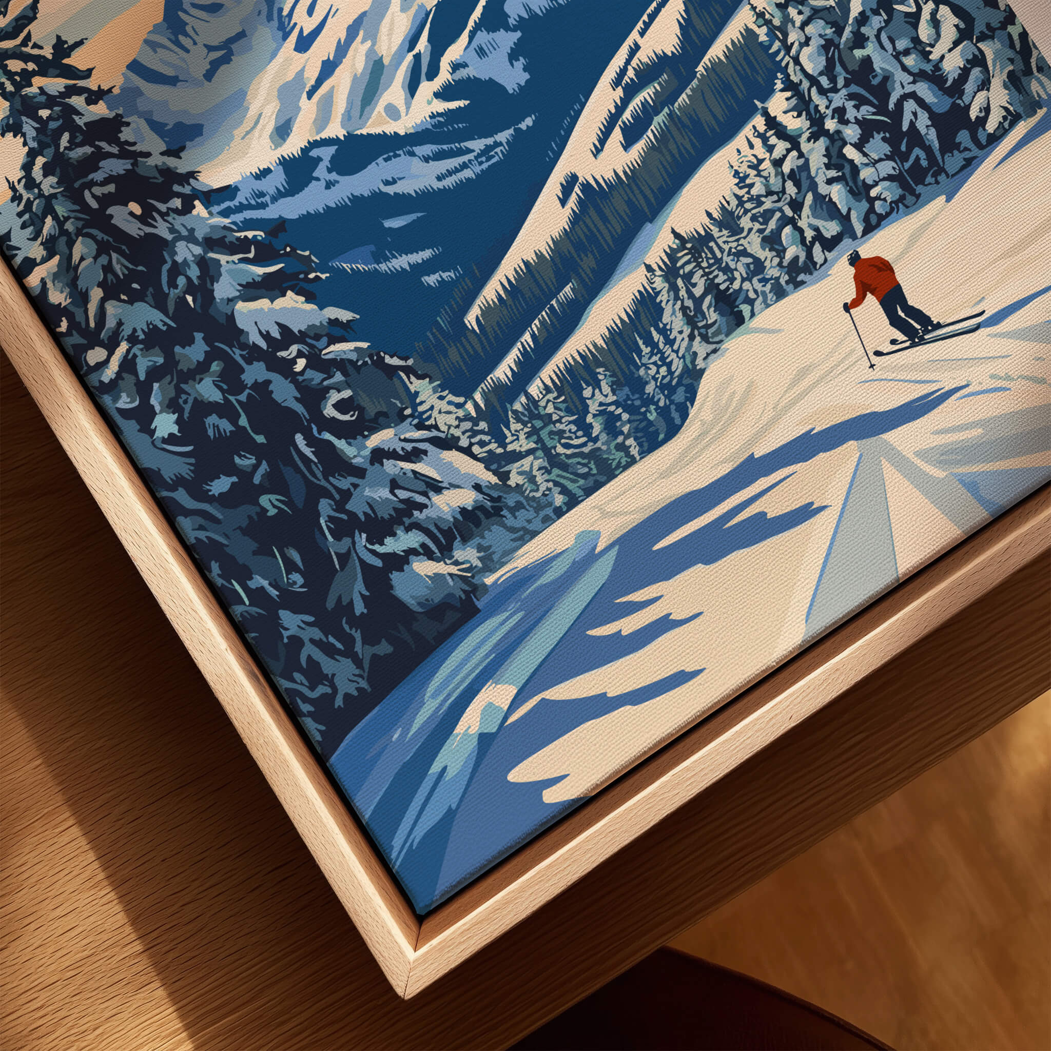 Big Sky Wall Art featuring a skier on a snowy mountain landscape surrounded by pine trees.