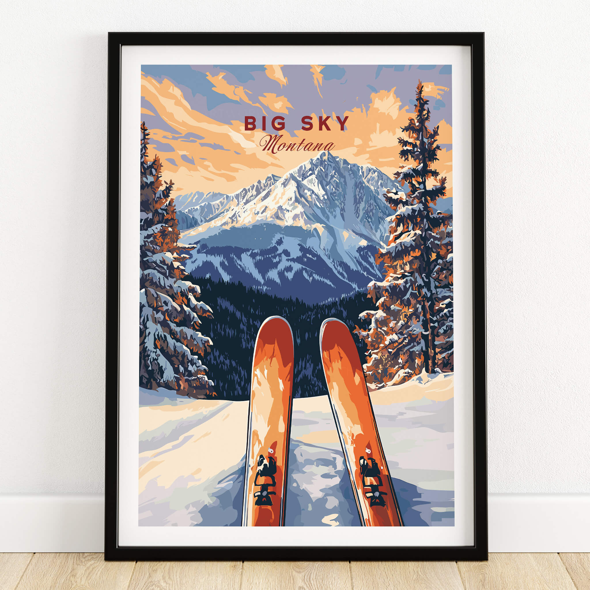 Big Sky Wall Art Poster - Ski Print featuring a vibrant mountain scenery and ski gear.