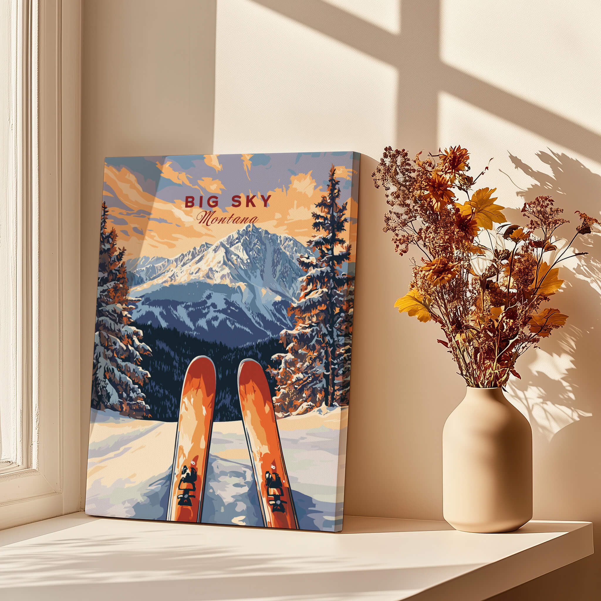 Big Sky Wall Art Poster - Ski Print featuring vibrant ski scene and mountains in a cozy home setting.
