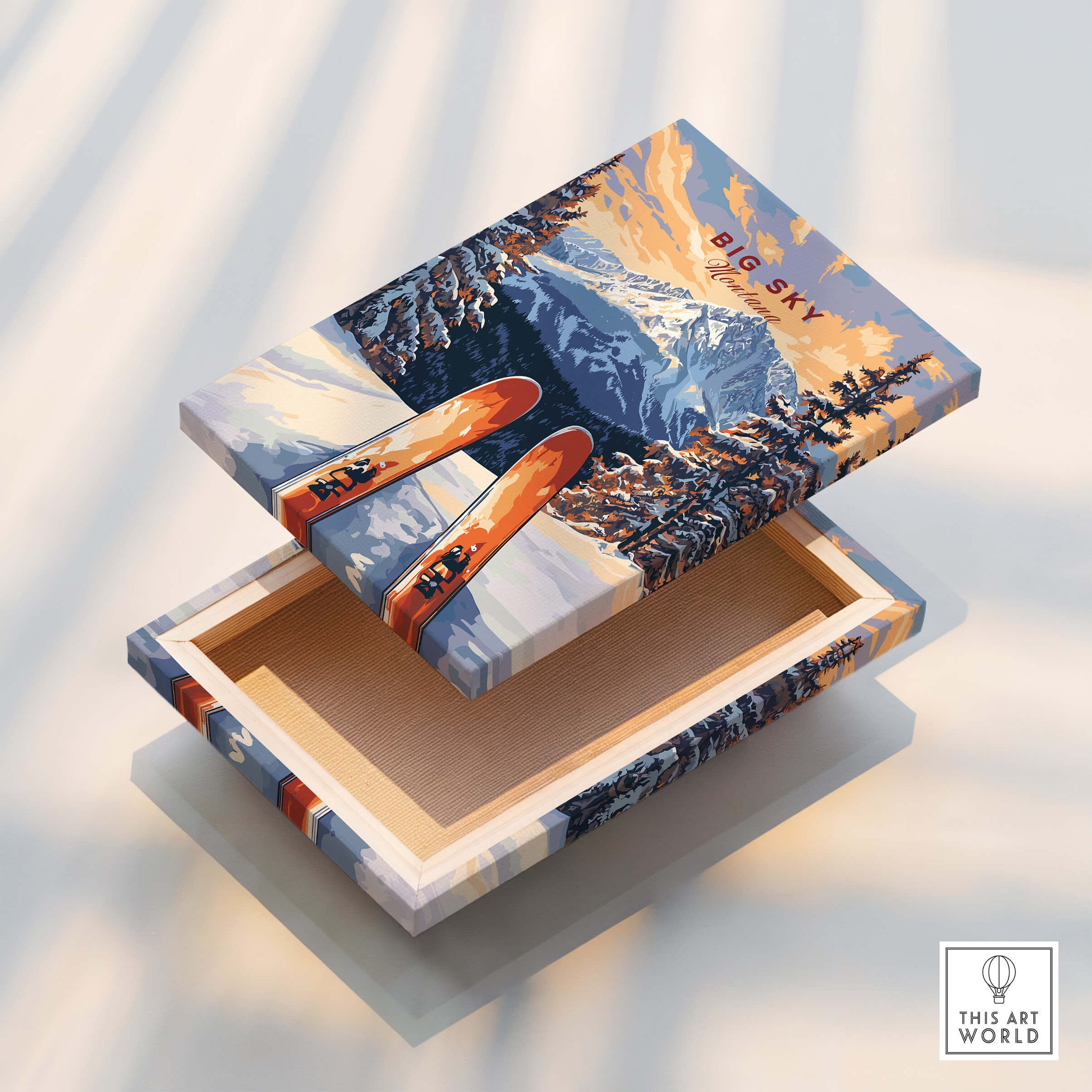 Big Sky Wall Art Poster - Ski Print design featuring skis and mountains, perfect for ski lovers' home decor.