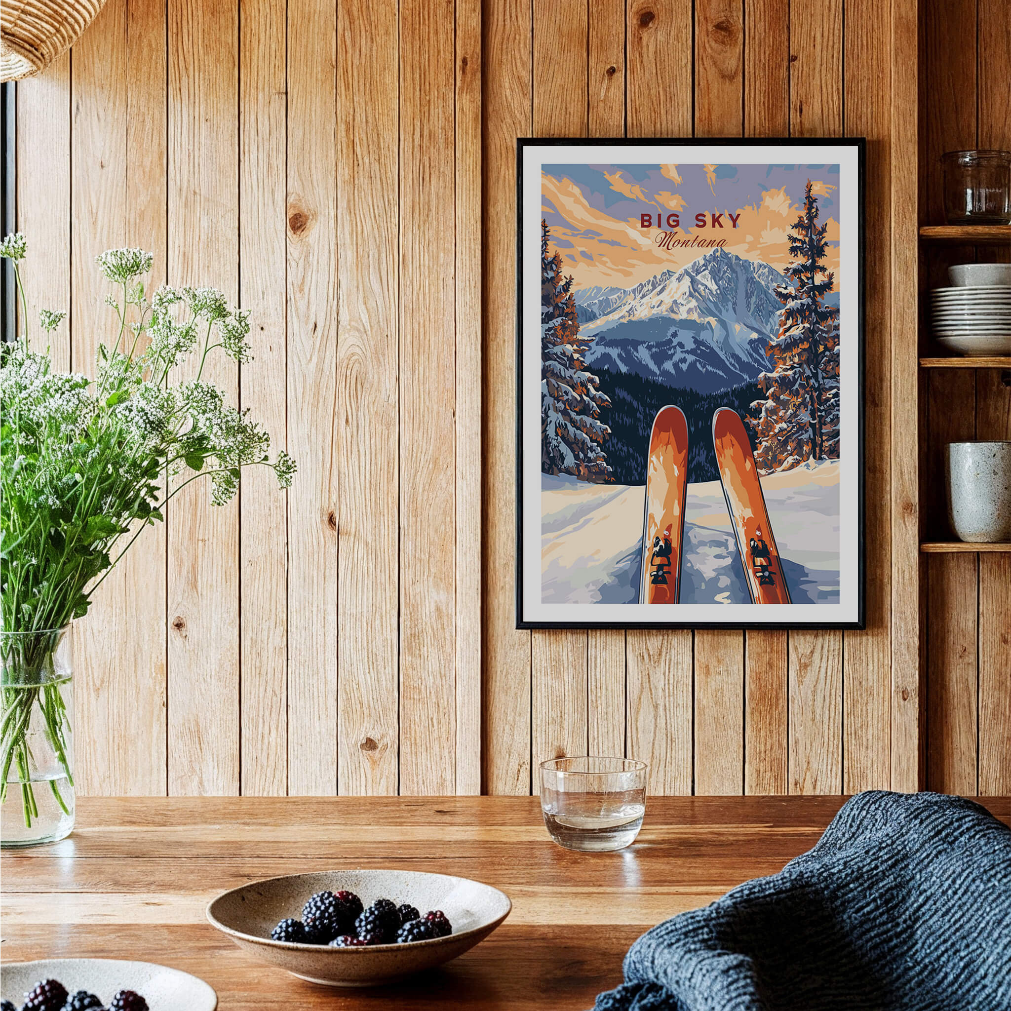 Big Sky Wall Art Poster - Ski Print displayed in a cozy wooden room with plants and rustic decor.