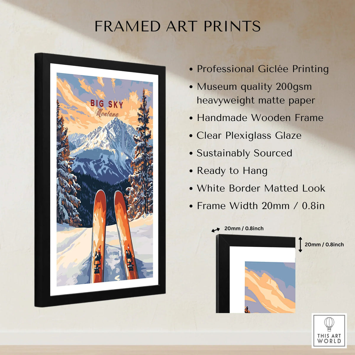 Big Sky Wall Art Poster - Ski Print featuring vibrant mountains and skis, perfect for ski lovers, framed and ready to hang.