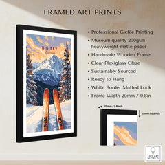Big Sky Wall Art Poster - Ski Print featuring vibrant mountains and skis, perfect for ski lovers, framed and ready to hang.
