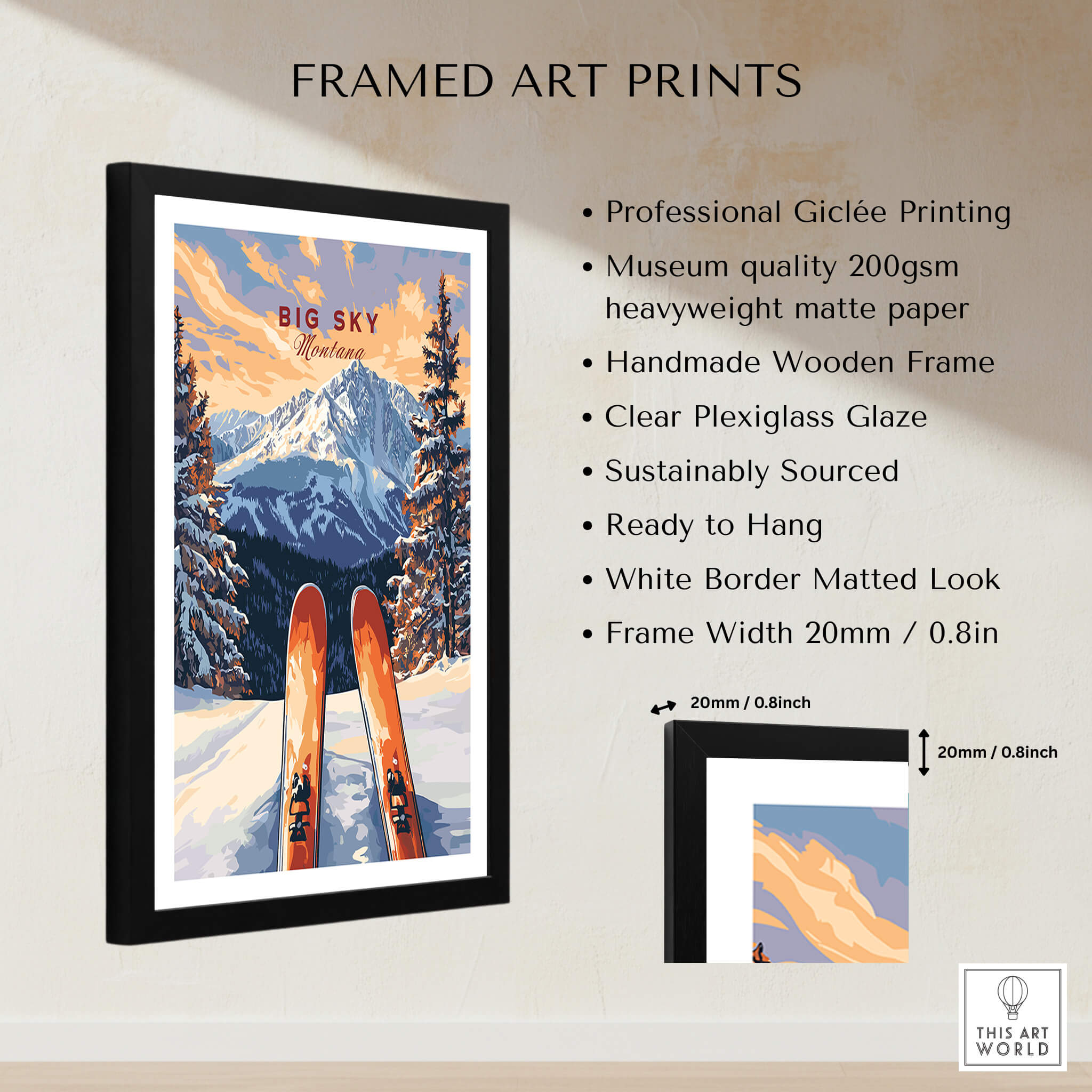 Big Sky Wall Art Poster - Ski Print featuring vibrant mountains and skis, perfect for ski lovers, framed and ready to hang.