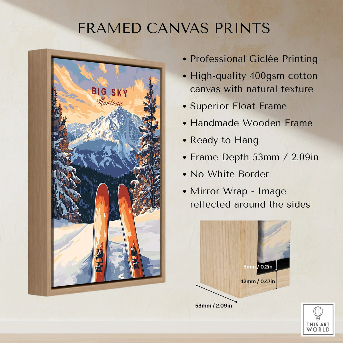 Big Sky Wall Art Poster - Ski Print displayed in a stylish wooden frame with vibrant skiing scene.