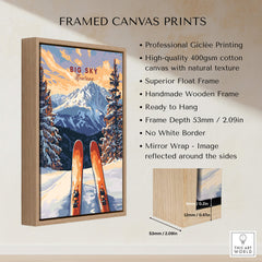 Big Sky Wall Art Poster - Ski Print displayed in a stylish wooden frame with vibrant skiing scene.