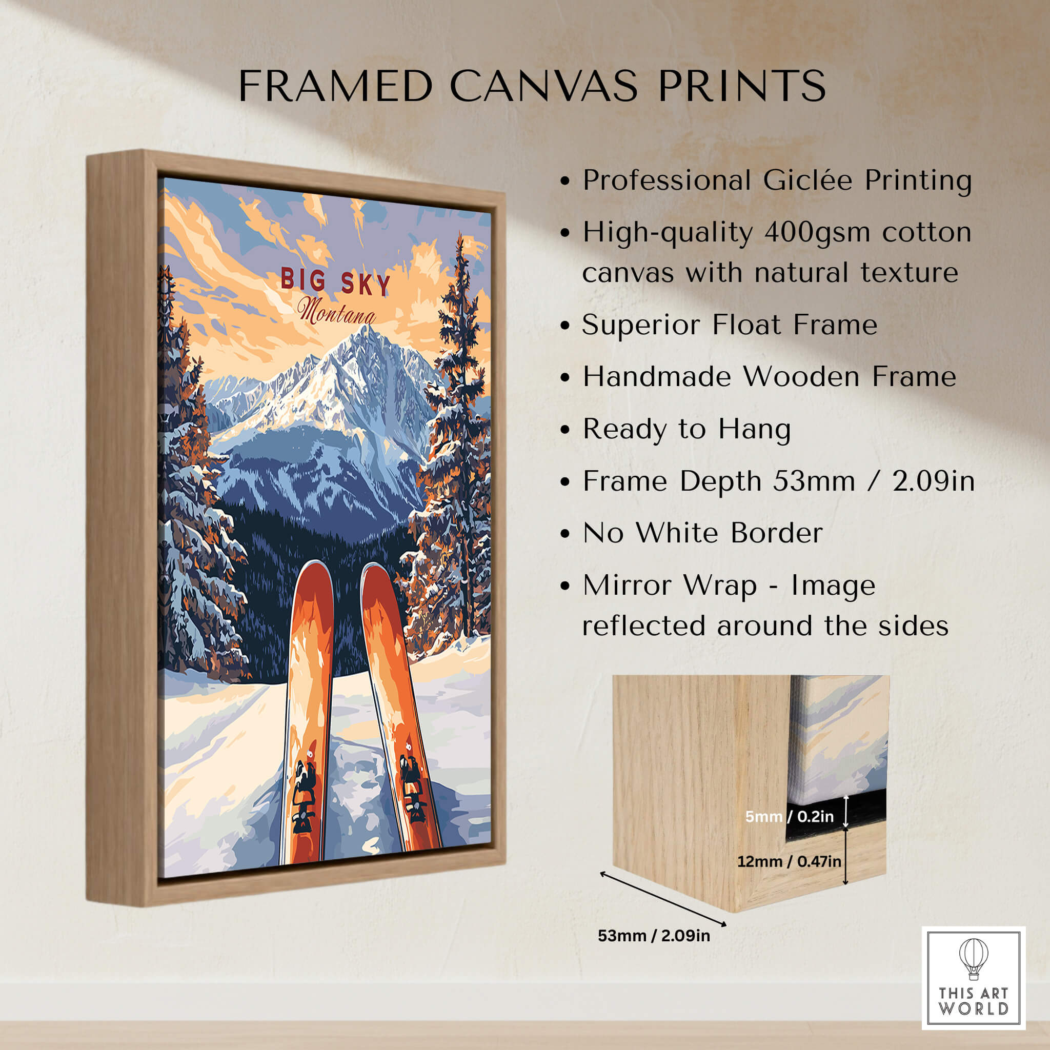 Big Sky Wall Art Poster - Ski Print displayed in a stylish wooden frame with vibrant skiing scene.