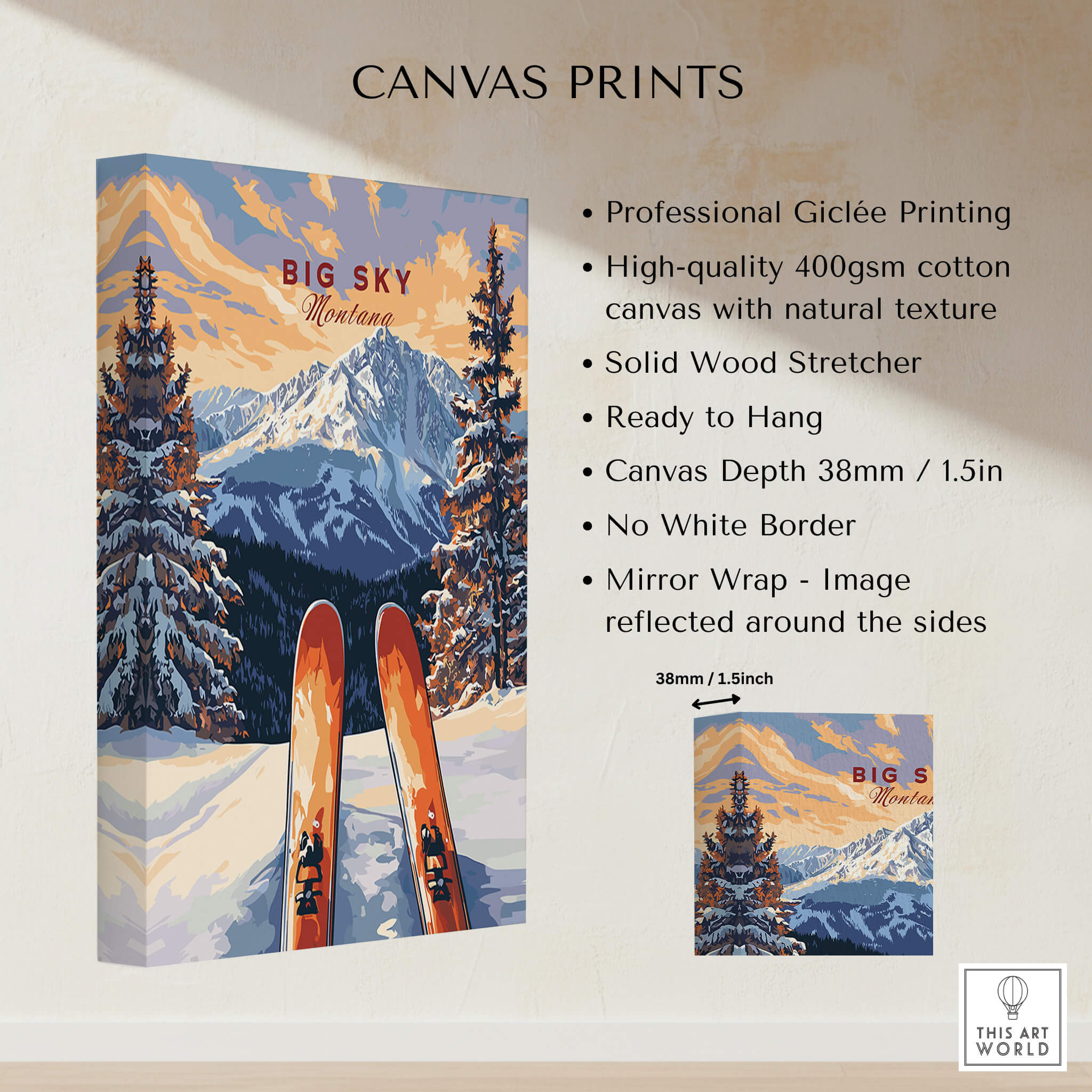 Big Sky Wall Art Poster - Ski Print showcasing vibrant skiing scenery and professional Giclée printing details.