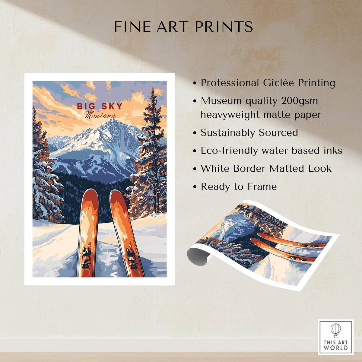 Big Sky Wall Art Poster - Ski Print showcasing professional Giclée printing and vibrant ski scene.