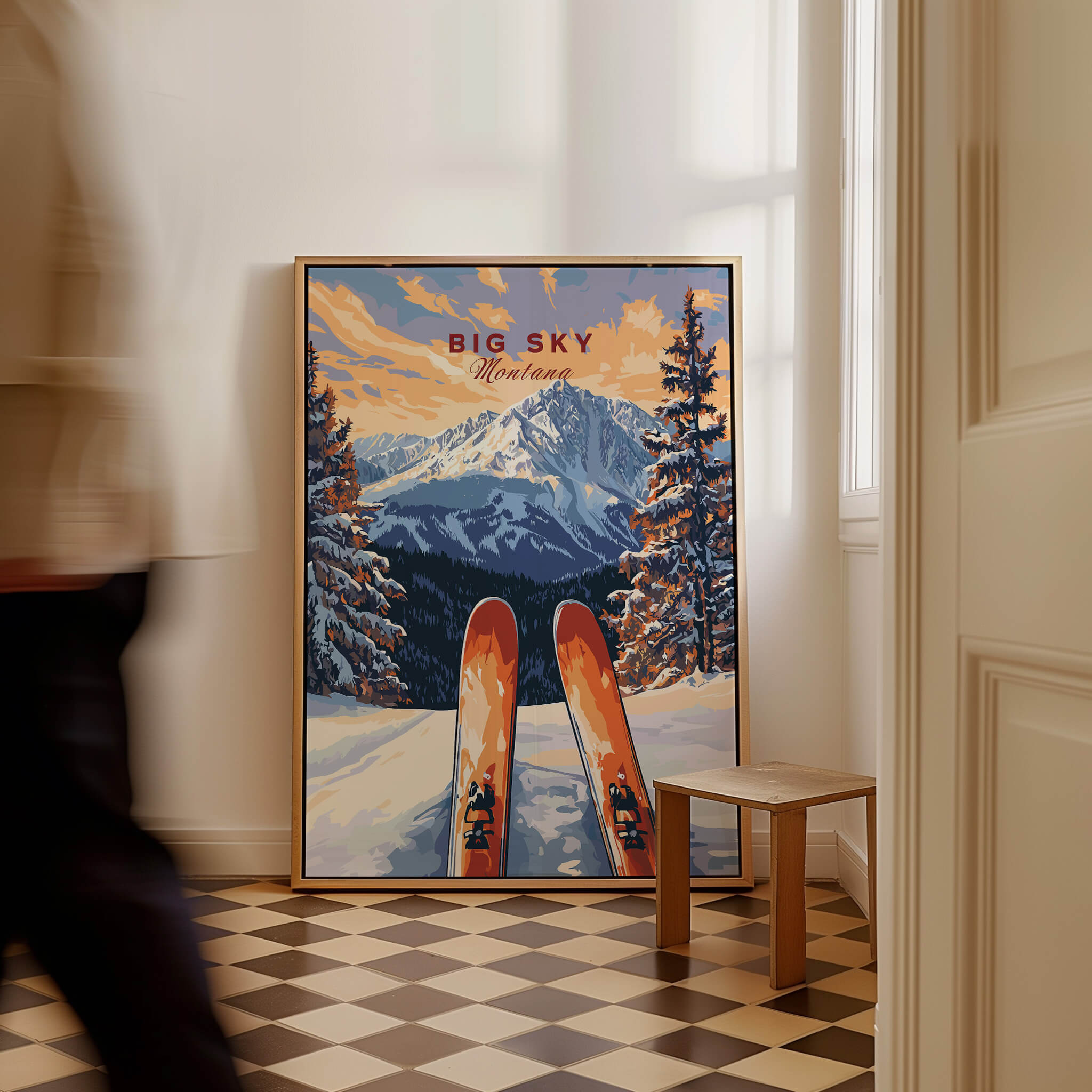 Big Sky Wall Art Poster - Ski Print featuring vibrant mountain scenery and ski design in a stylish interior setting.