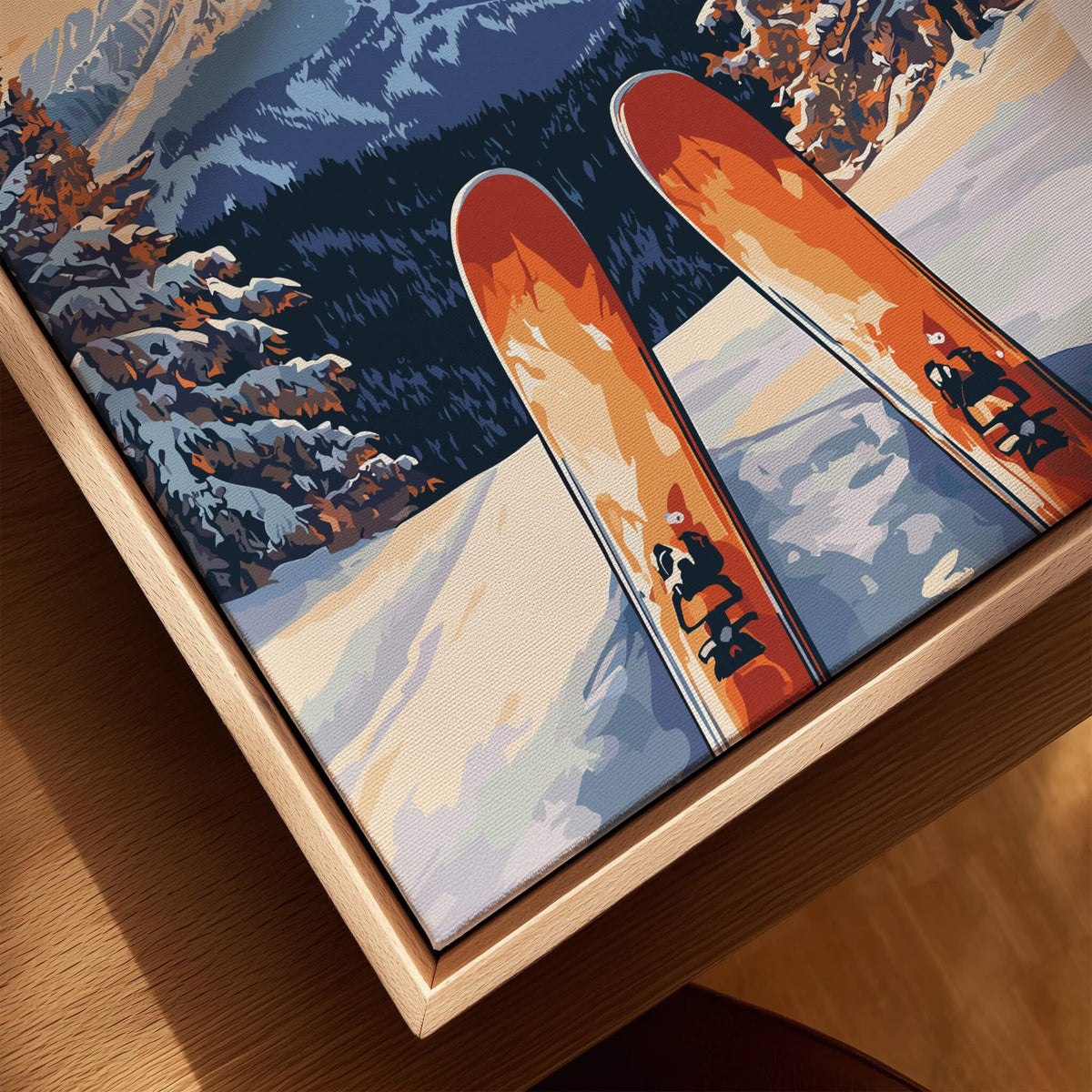 Big Sky Wall Art Poster - Ski Print showcasing vibrant ski design with snow-covered mountains and bright skis