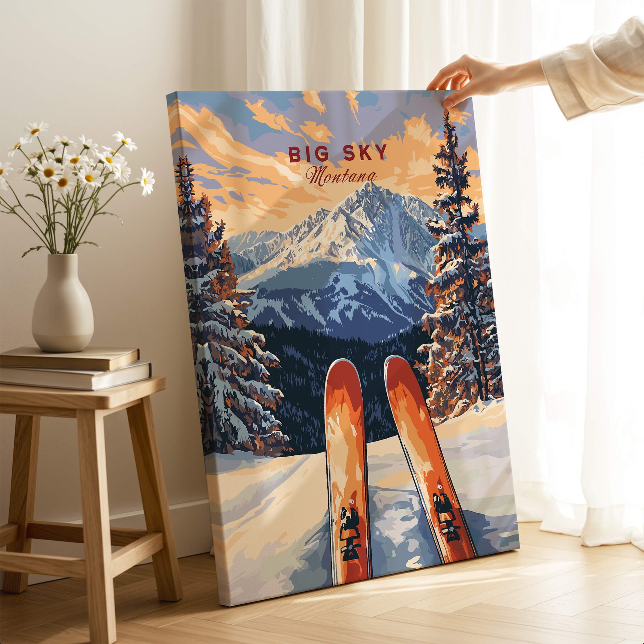 Big Sky Wall Art Poster - Ski Print featuring vibrant ski slopes and mountains, perfect for ski lovers' home decor.