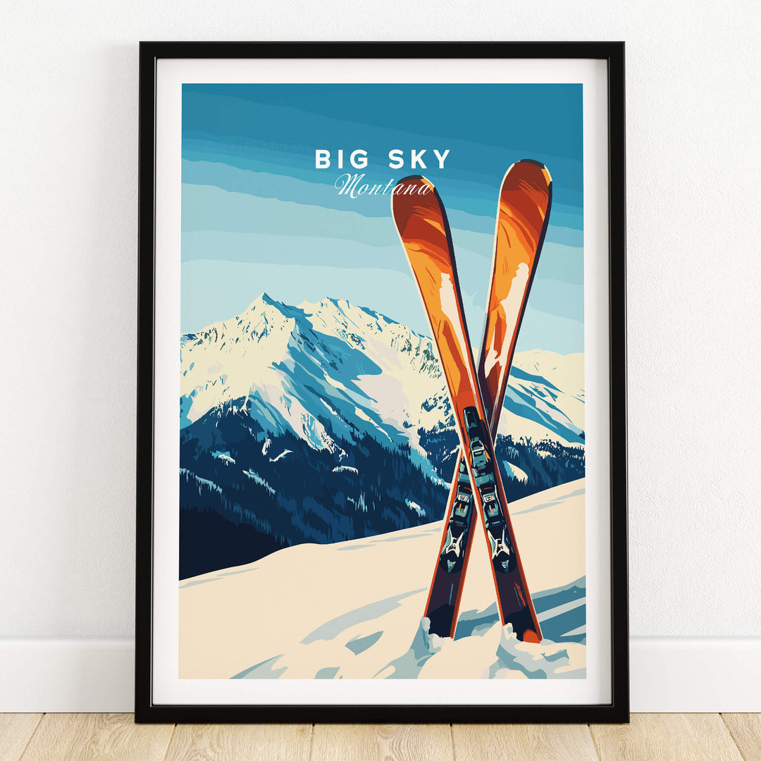 Big Sky Print Montana - Ski Poster featuring vibrant skis against a Montana mountain backdrop.