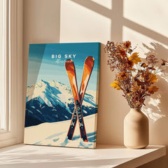 Big Sky Print Montana - Ski Poster featuring skis and mountain landscape, perfect for home decor.