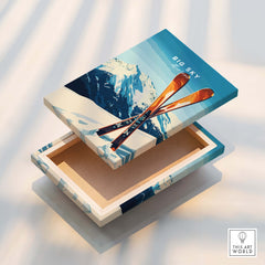 Big Sky Print Montana - Ski Poster on a decorative box with skis and mountain design.