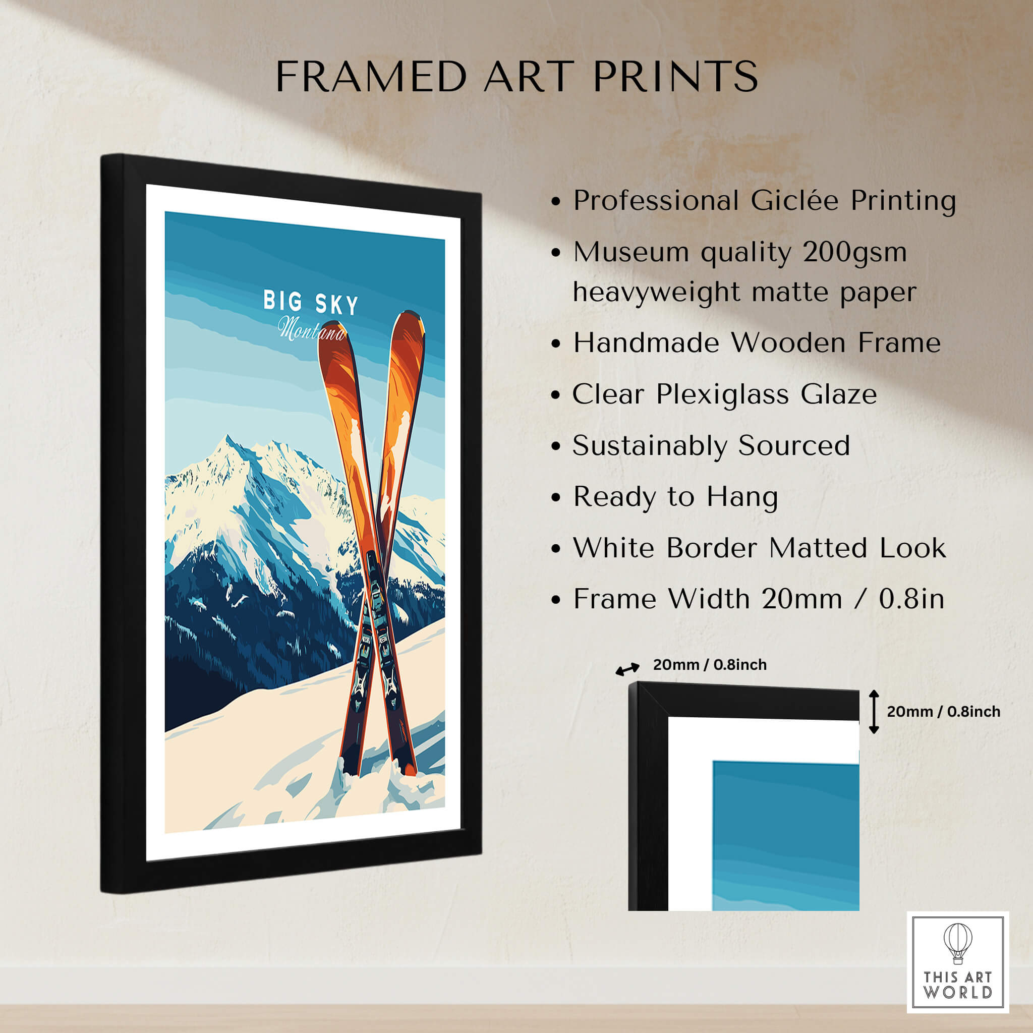 Big Sky Print Montana - Ski Poster featuring vibrant colors and a striking mountainous landscape framed art print.