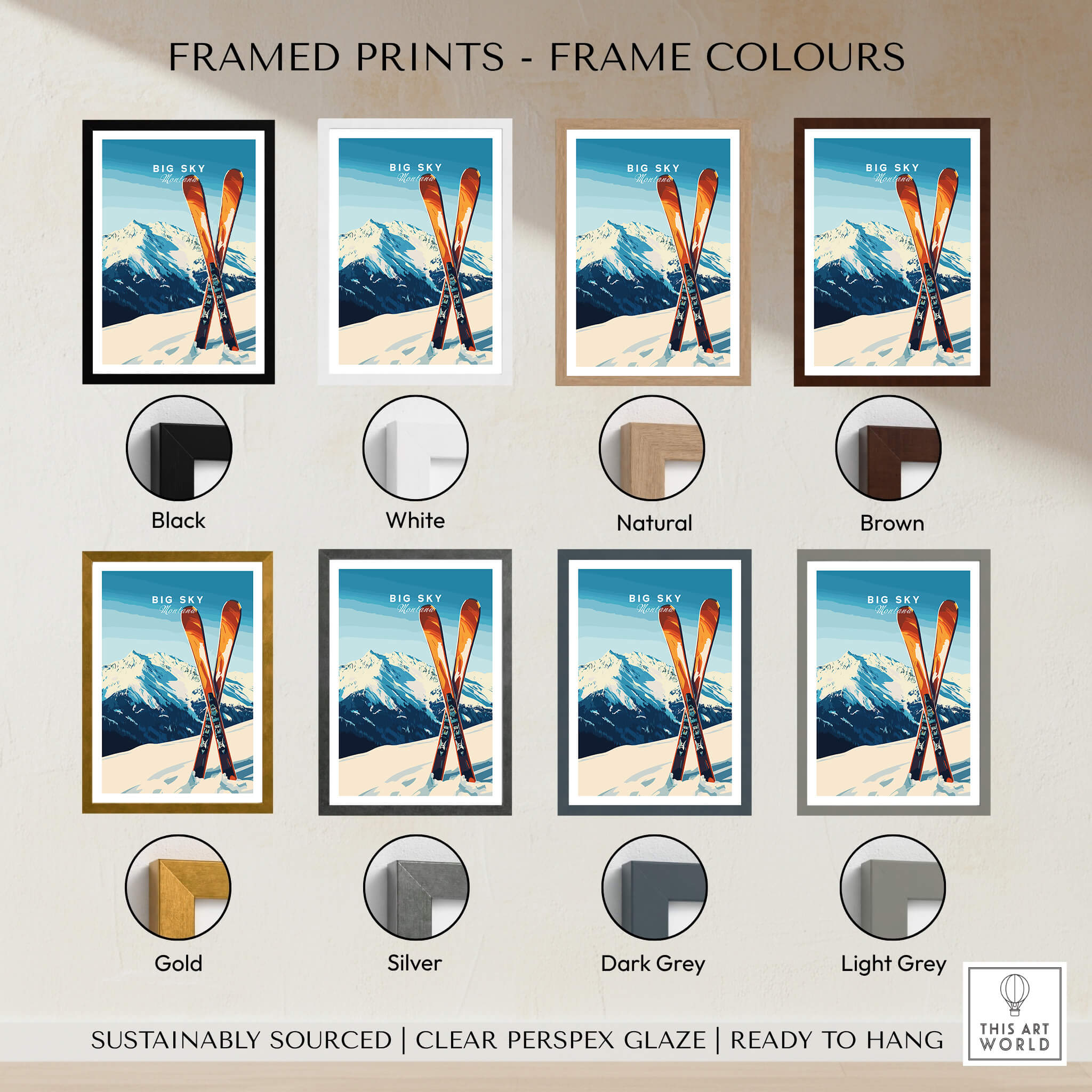 Framed prints showcasing various frame colors for Big Sky Print Montana - Ski Poster.