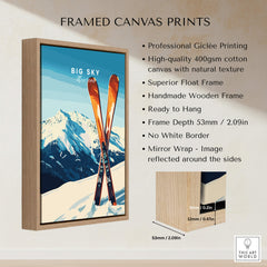 Big Sky Print Montana - Ski Poster framed canvas print with ski design and wooden frame