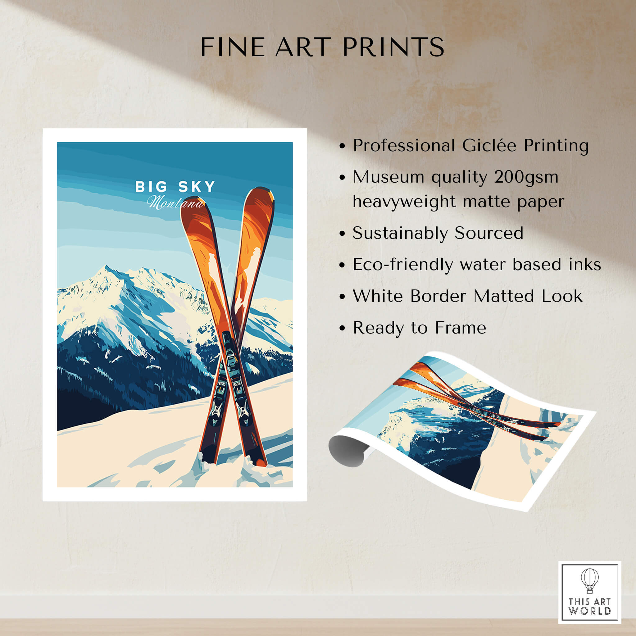 Big Sky Print Montana - Ski Poster featuring beautiful ski slopes and Montana landscape, perfect for home decor.