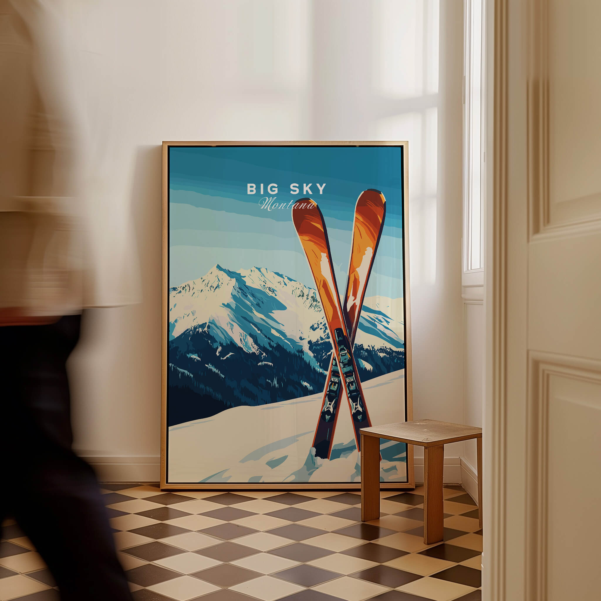 Big Sky Print Montana - Ski Poster showcasing vibrant ski imagery against a stunning mountain backdrop.