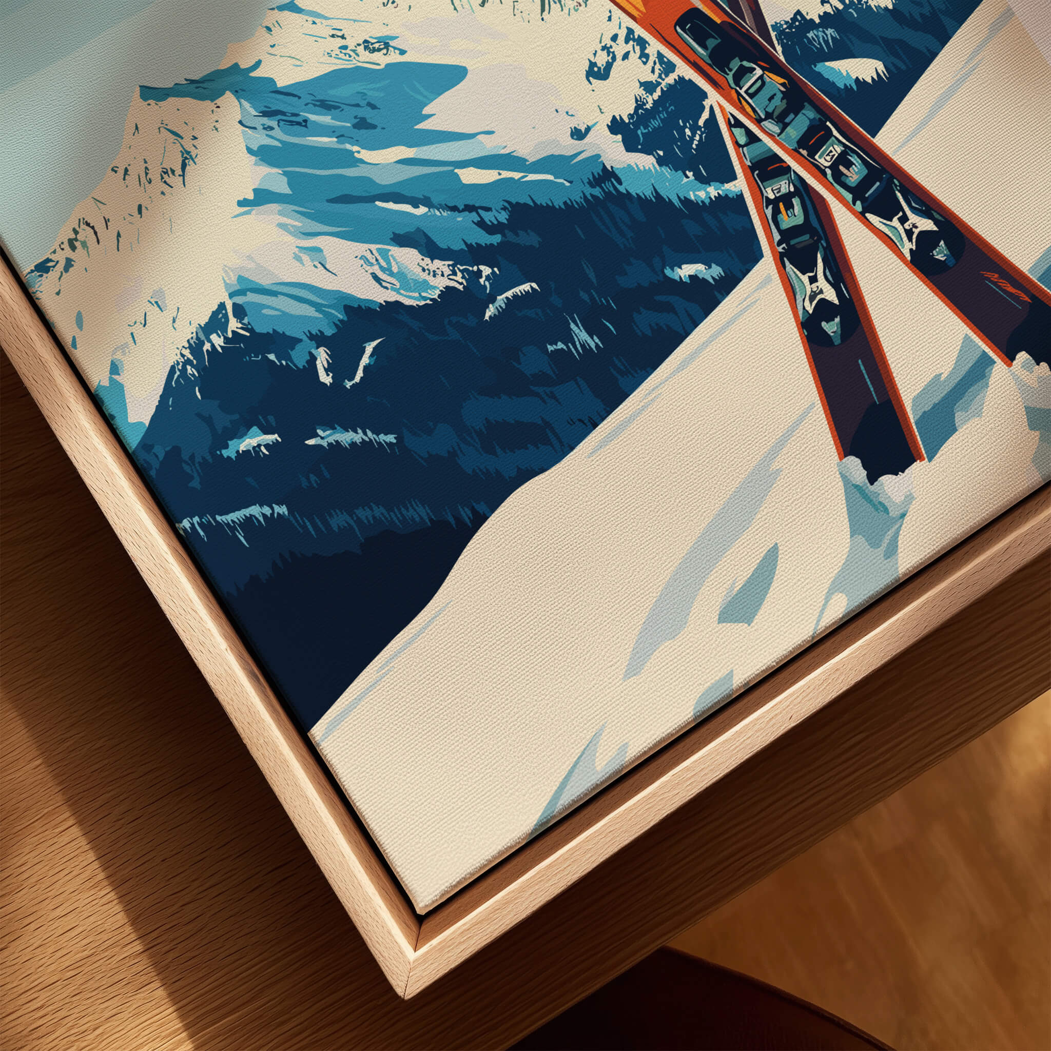 Big Sky Print Montana - Ski Poster showcasing skis crossed against a stunning mountain backdrop.