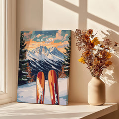 Big Sky Wall Art Ski Print featuring skis and mountain scenery, perfect for ski enthusiasts and home decor.