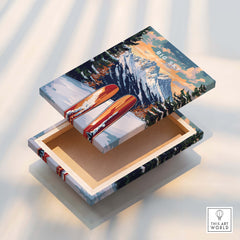 Big Sky Wall Art Ski Print featuring colorful design with skis and mountain scenery, ideal for ski enthusiasts.