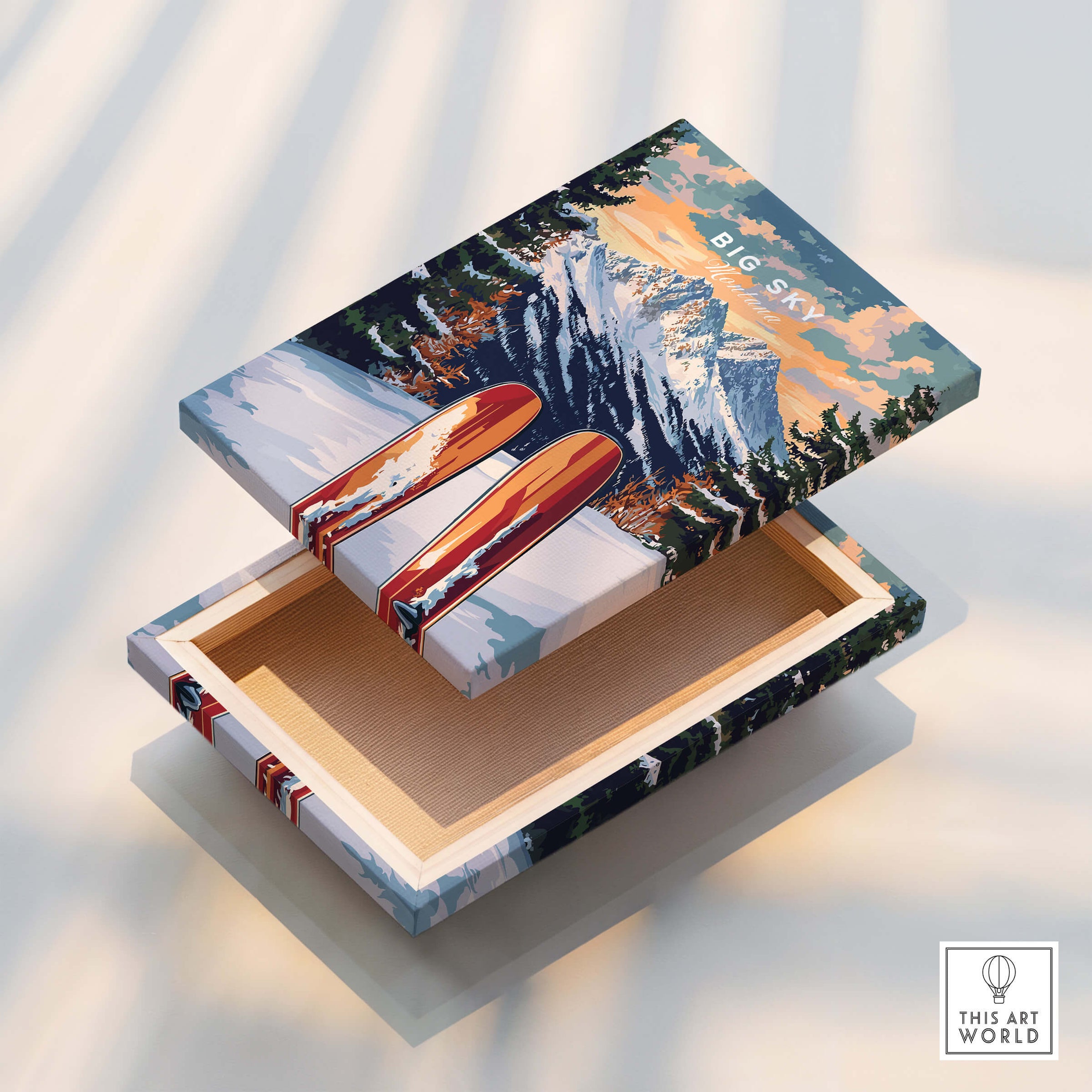 Big Sky Wall Art Ski Print featuring colorful design with skis and mountain scenery, ideal for ski enthusiasts.