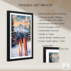 Big Sky Wall Art Ski Print featuring vibrant colors and a handmade wooden frame, perfect for ski enthusiasts.