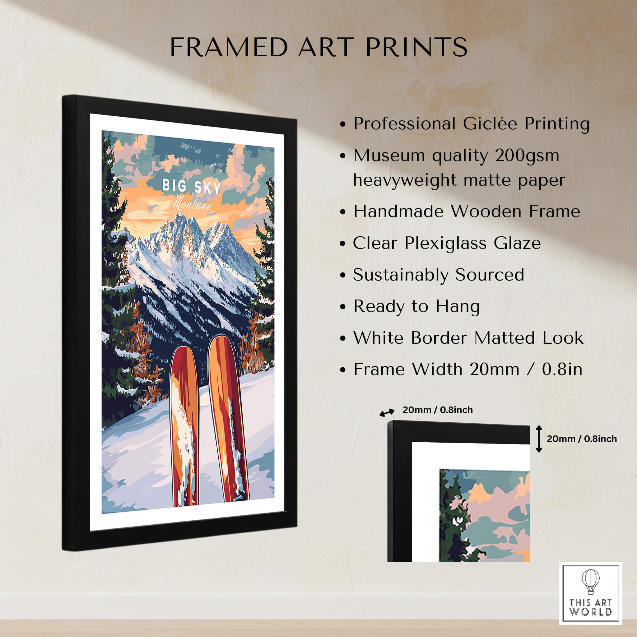 Big Sky Wall Art Ski Print featuring vibrant colors and a handmade wooden frame, perfect for ski enthusiasts.