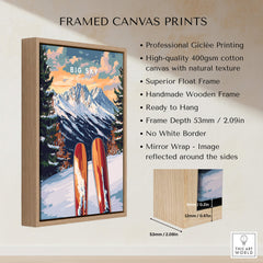 Framed Big Sky Wall Art Ski Print showcasing vibrant colors and wooden frame, perfect for ski enthusiasts.
