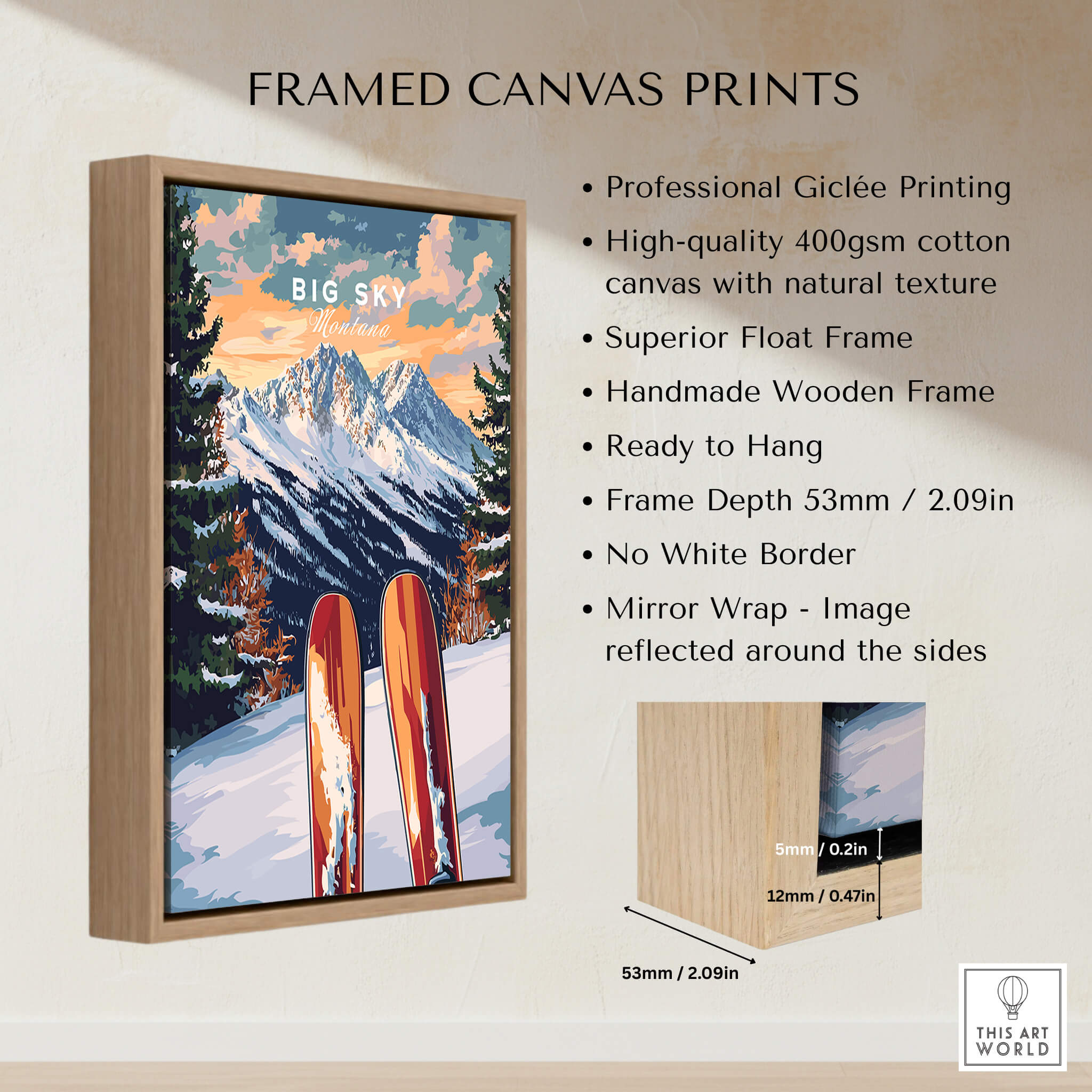 Framed Big Sky Wall Art Ski Print showcasing vibrant colors and wooden frame, perfect for ski enthusiasts.