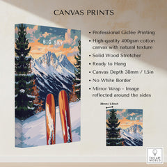 Big Sky Wall Art Ski Print showcasing mountains and skis on canvas, perfect for ski enthusiasts.