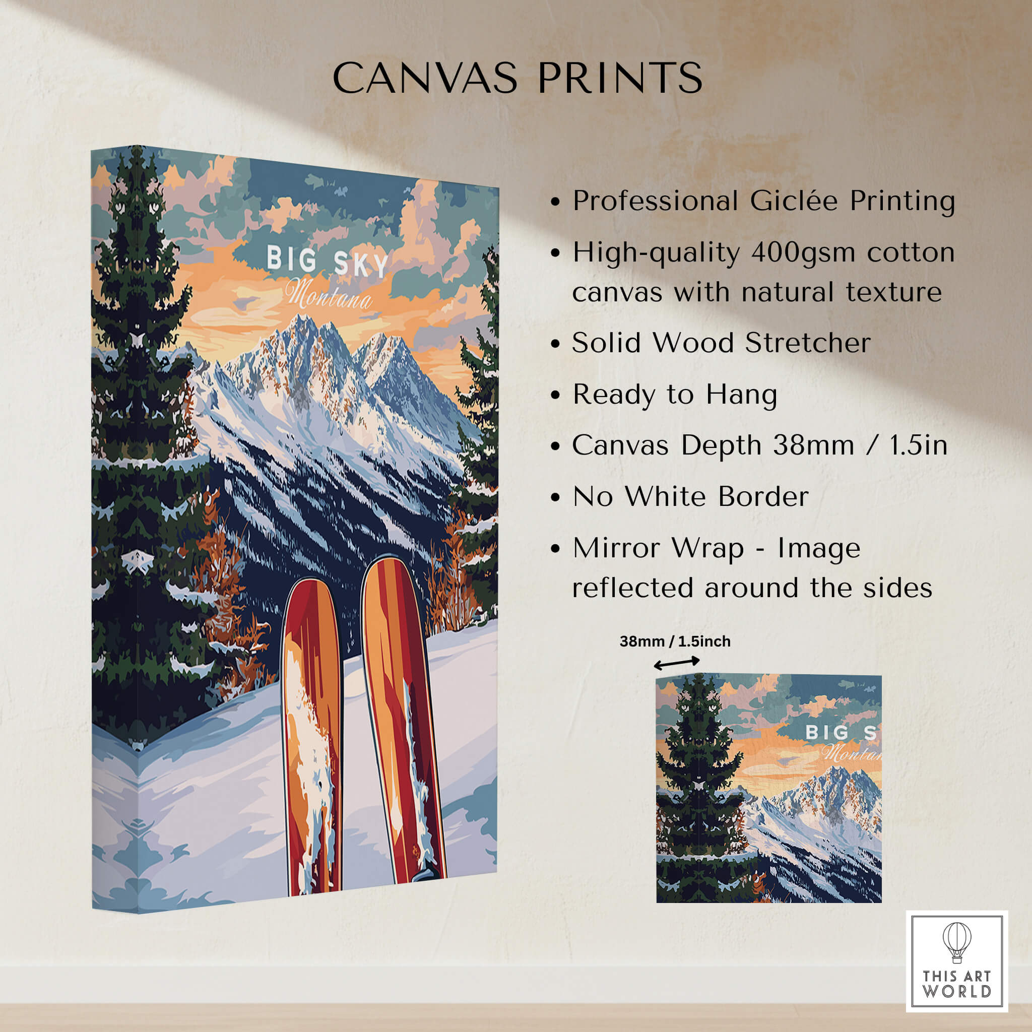 Big Sky Wall Art Ski Print showcasing mountains and skis on canvas, perfect for ski enthusiasts.
