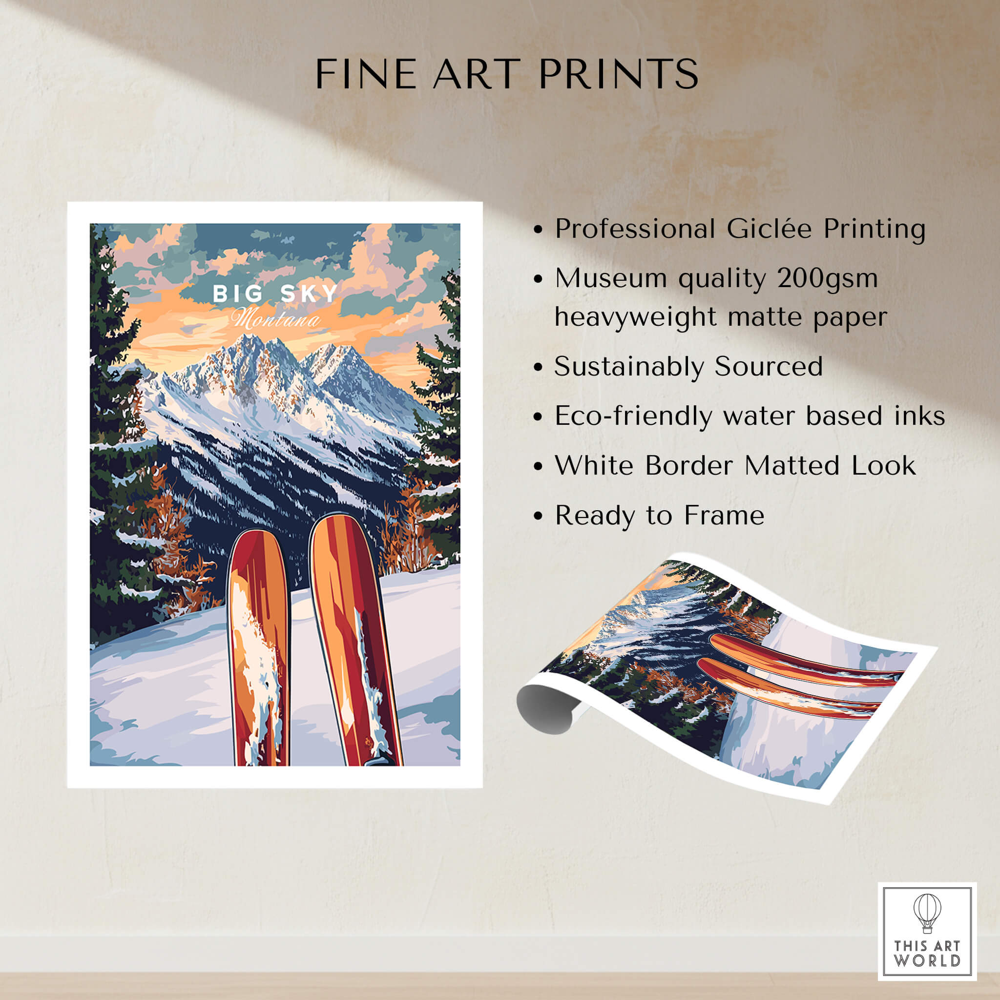 Big Sky Wall Art Ski Print featuring vibrant colors and professional Giclée printing, perfect for ski enthusiasts.