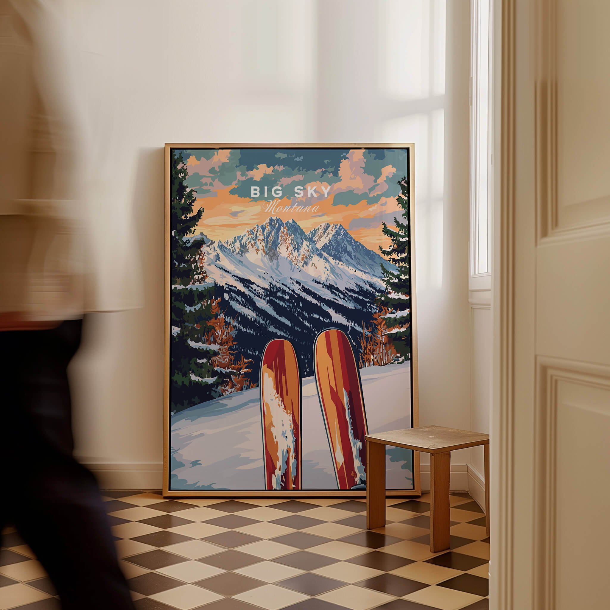 Big Sky Wall Art Ski Print featuring vibrant colors and mountain scenery, perfect for ski enthusiasts' home decor.