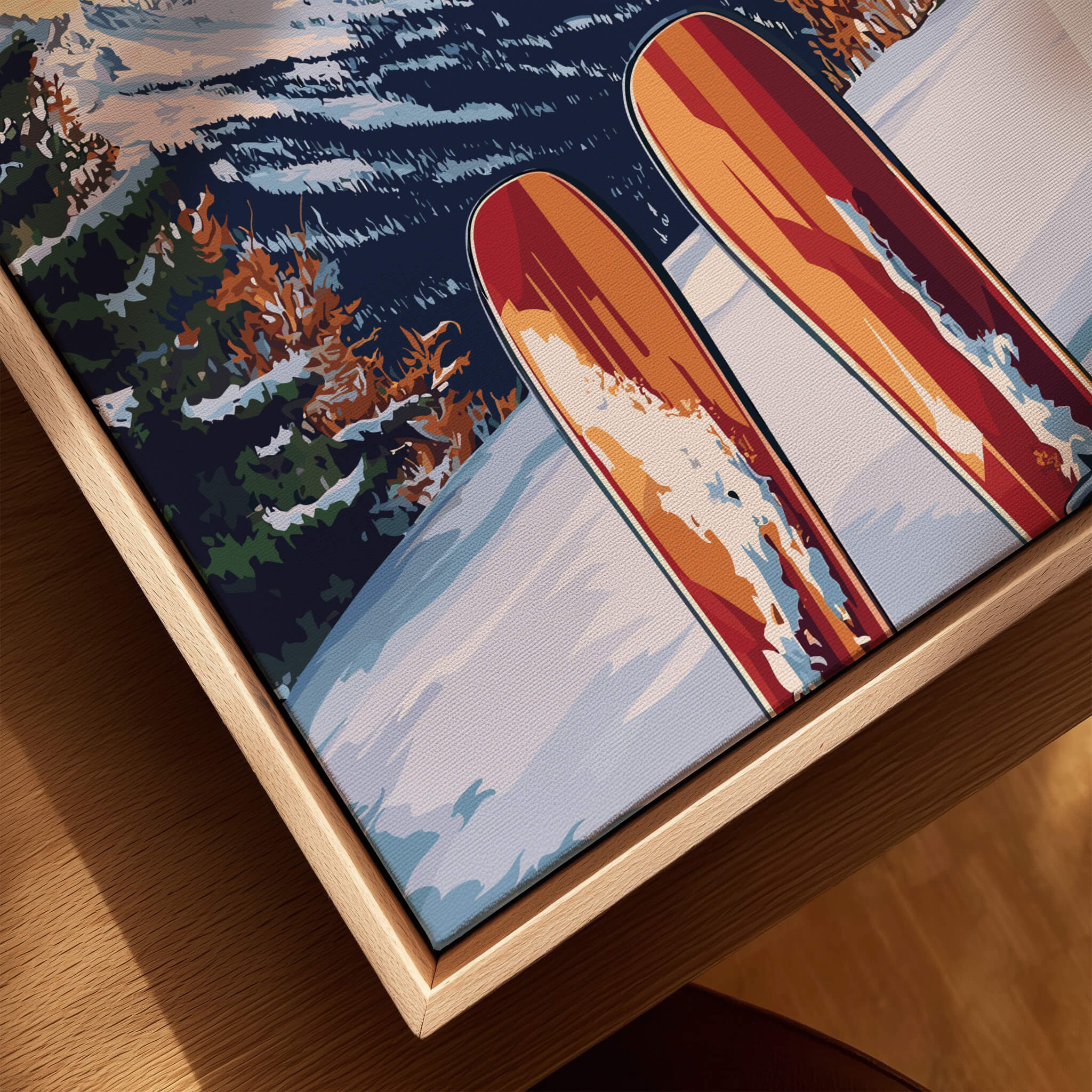 Big Sky Wall Art Ski Print featuring vibrant ski designs and colorful snowboards on canvas.