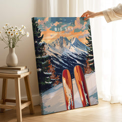 Big Sky Wall Art Ski Print featuring vibrant mountains and skis for ski enthusiasts, perfect for decor or gifts.