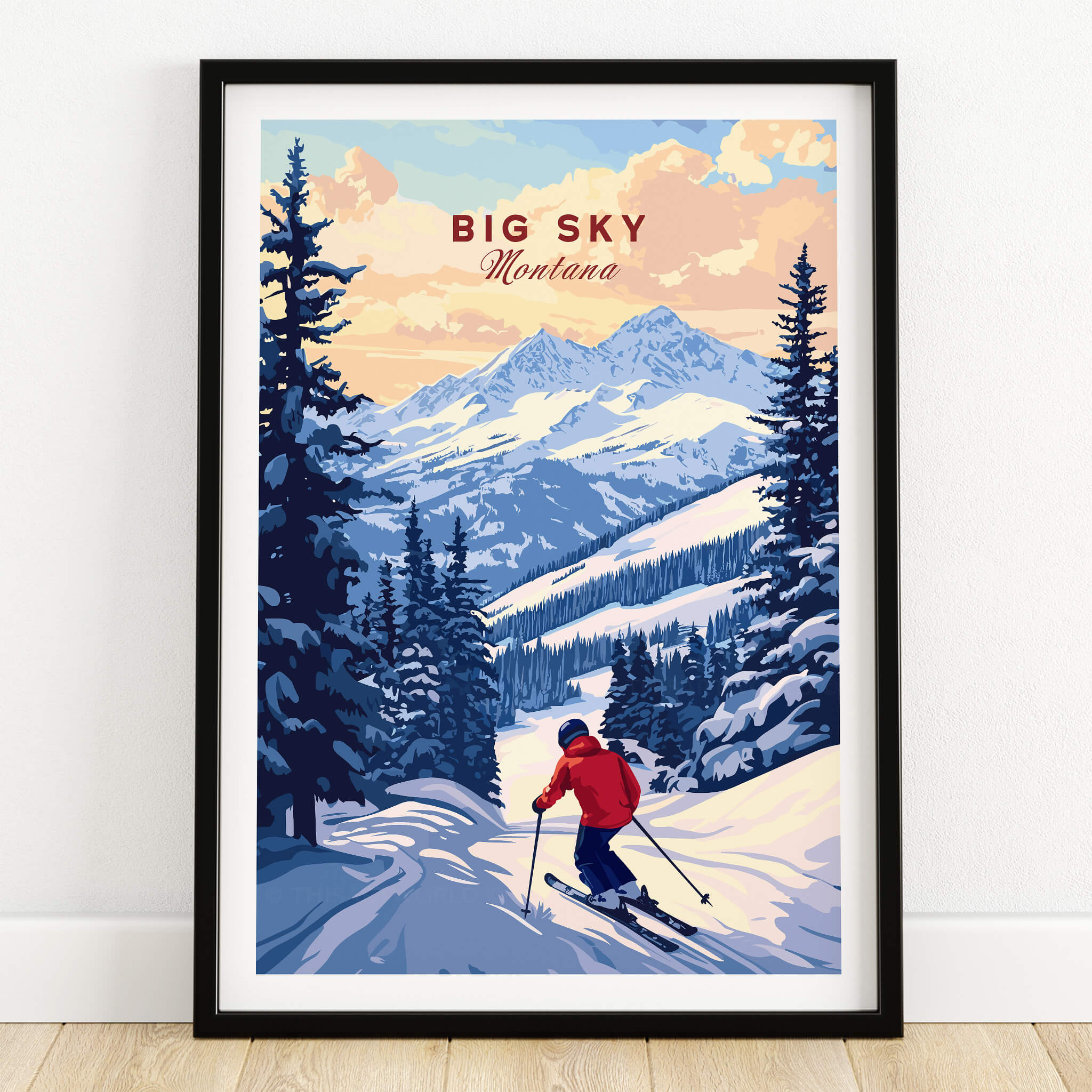 Big Sky Montana Poster - Ski Print featuring a skier in a snow-covered mountain landscape.
