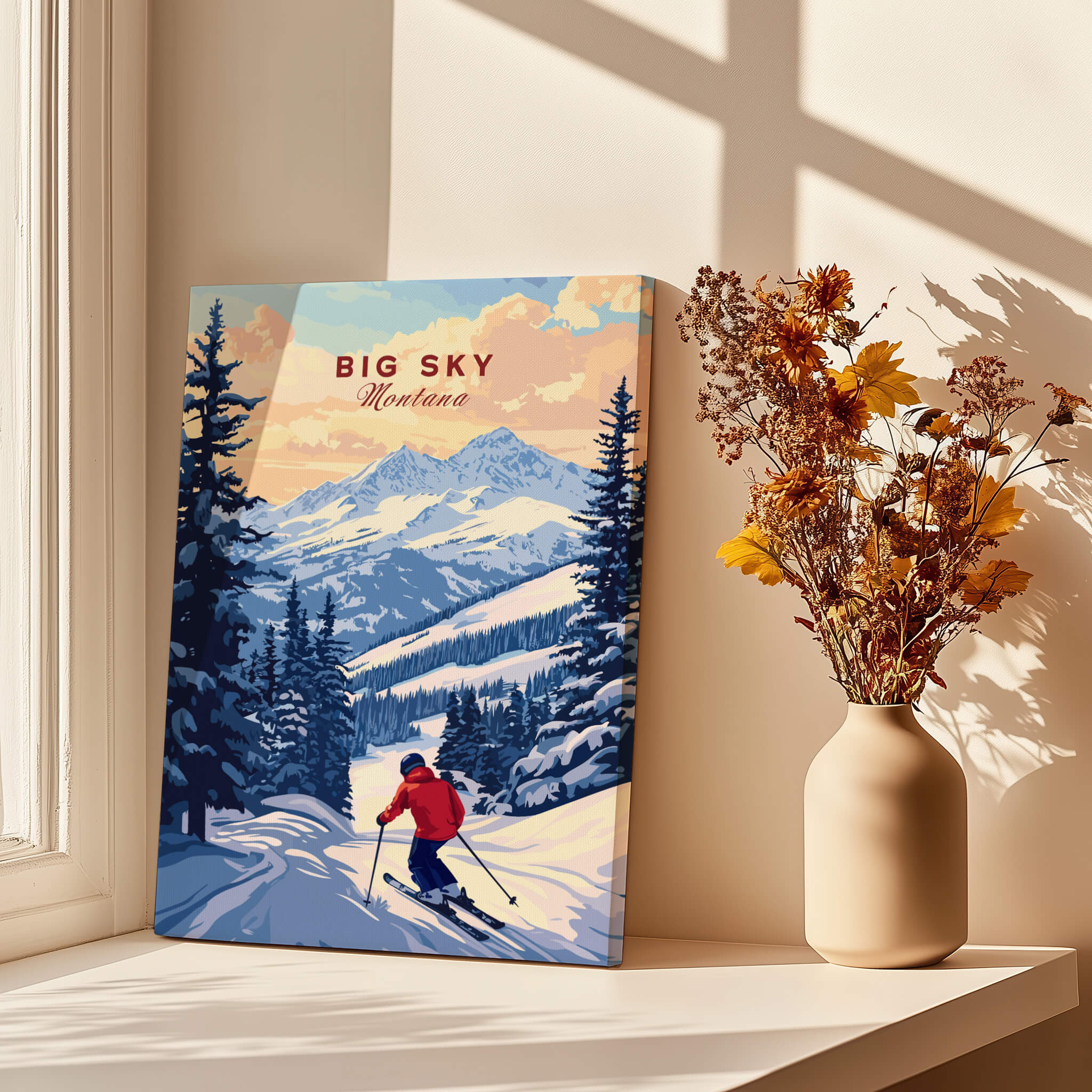 Big Sky Montana Poster - Ski Print showcasing a skier in a winter landscape with mountains and trees.