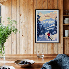 Big Sky Montana Poster - Ski Print displayed in rustic home setting with wooden decor and plants.