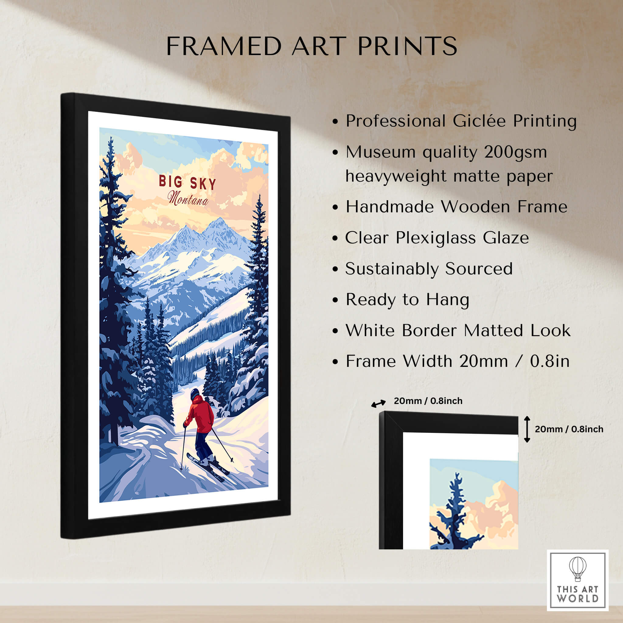 Big Sky Montana Poster - Ski Print in a framed art print featuring a skier in the mountains.