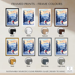 Big Sky Montana Poster - Ski Print available in various frame colors including black, white, natural, brown, gold, silver, dark grey, light grey.