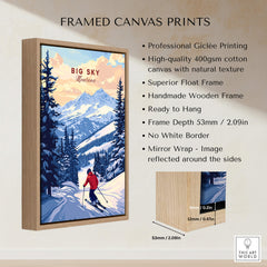 Big Sky Montana Poster - Ski Print displayed in a framed canvas format showcasing skiing in majestic mountains.