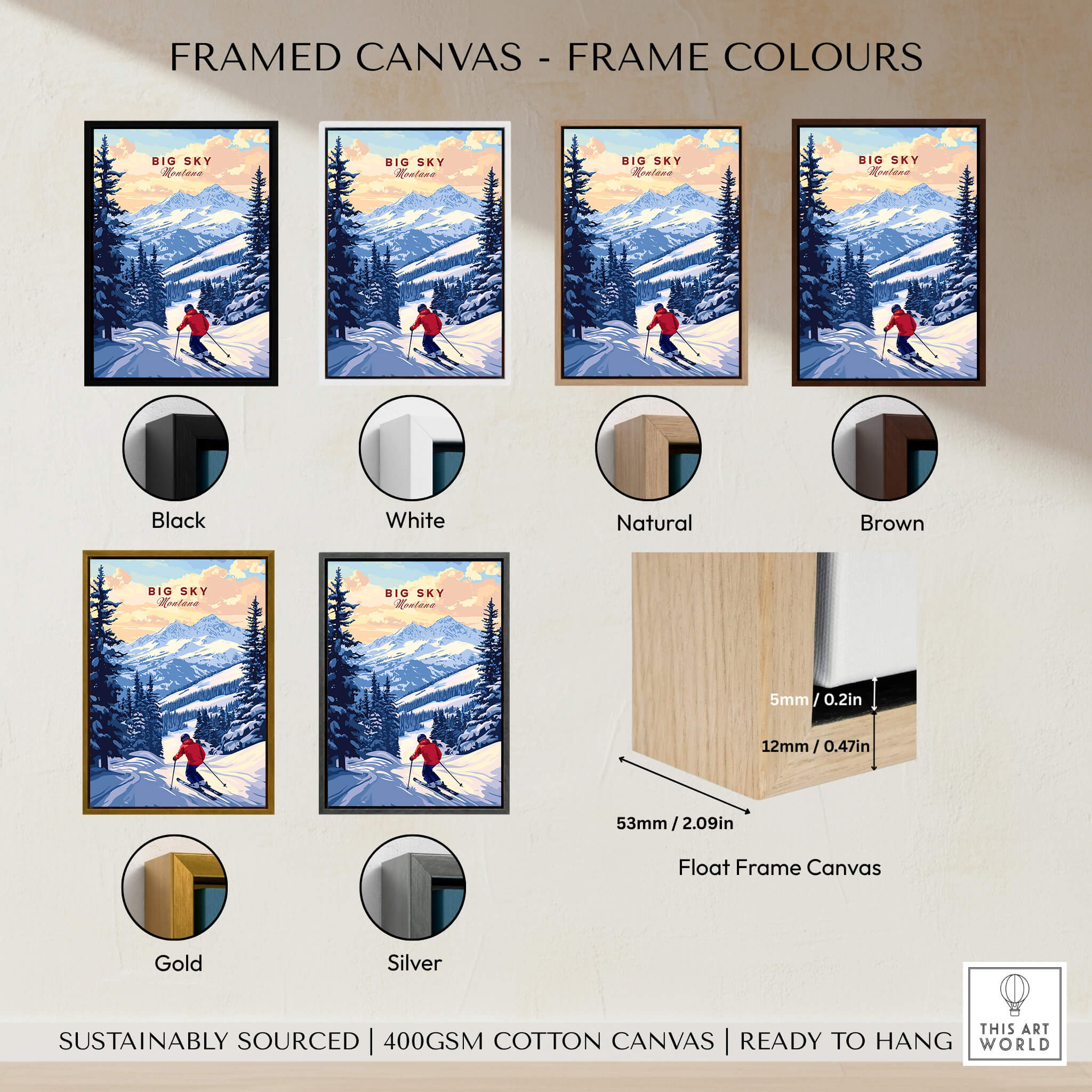 Big Sky Montana Poster - Ski Print framed options in various colors on display, showcasing natural and modern styles.