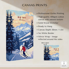 Big Sky Montana Poster - Ski Print showcasing stunning mountain scenery and a skier, perfect for nature enthusiasts.