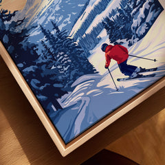 Big Sky Montana Poster - Ski Print featuring a skier navigating snowy trails in the mountains.
