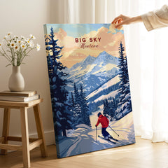 Big Sky Montana Poster - Ski Print featuring a skier in the majestic mountains of Big Sky, Montana.
