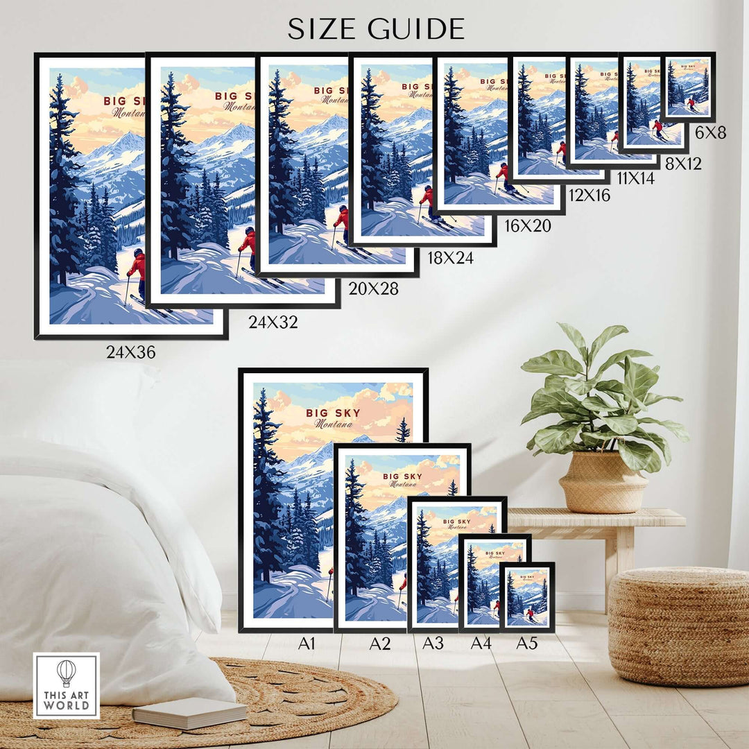 Size guide for Big Sky Montana ski print poster showcasing various frame sizes and a plant decoration.