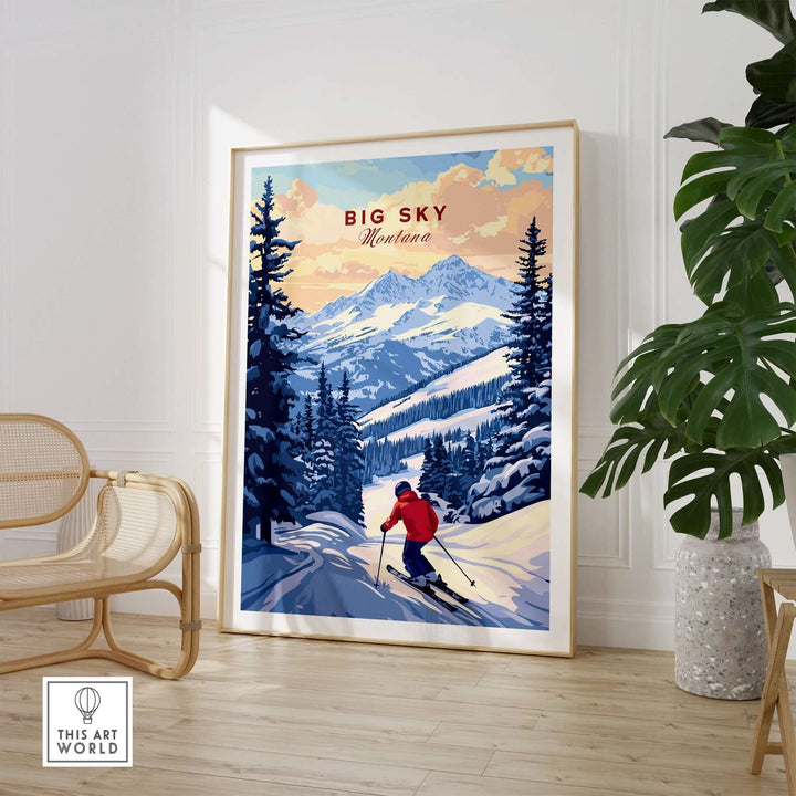 Big Sky Montana ski print poster showcasing a skier in the mountains, perfect for ski enthusiasts and home decor.